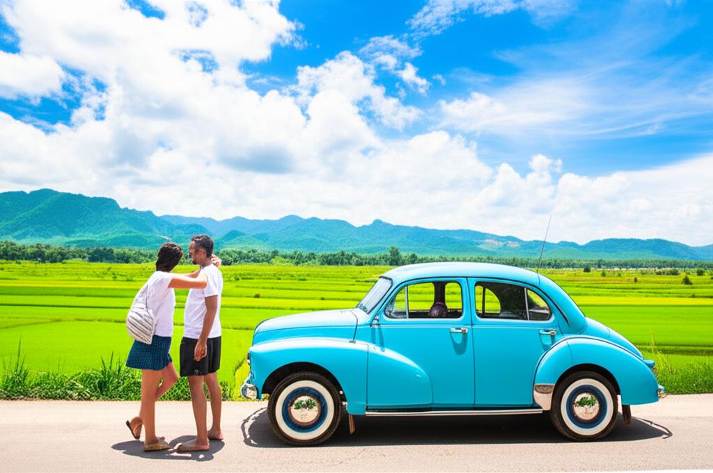 Couple with car in beautiful Thai landscape