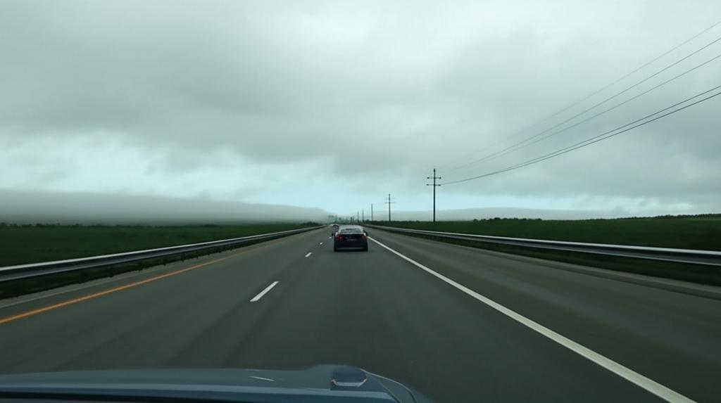 Car driving on a long highway under varying weather