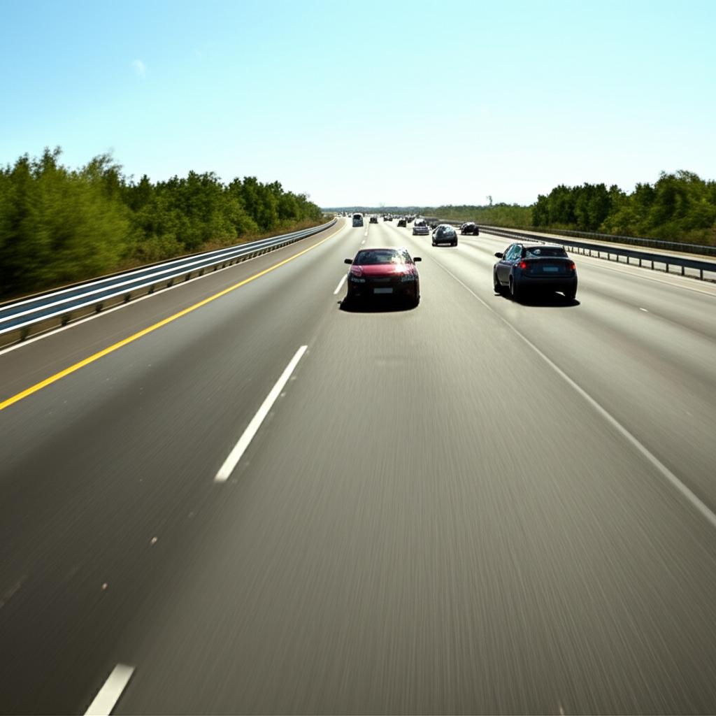 Car driving on highway under harsh sun