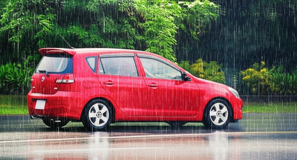 Car in intense sunlight or heavy rain in Thailand