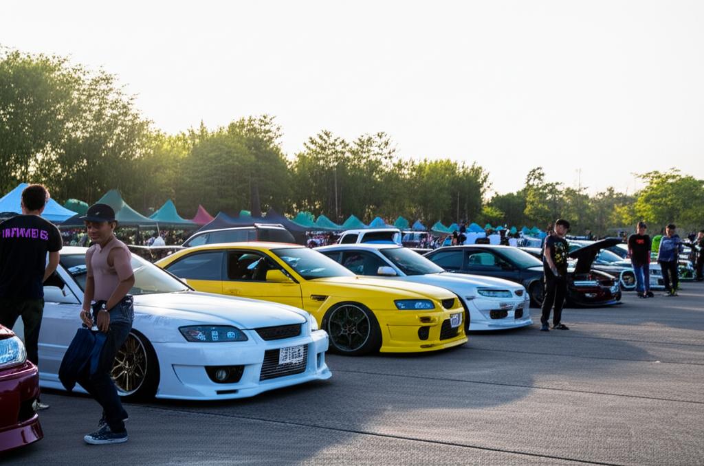 Young car owners admiring their cars at a car meet in Thailand