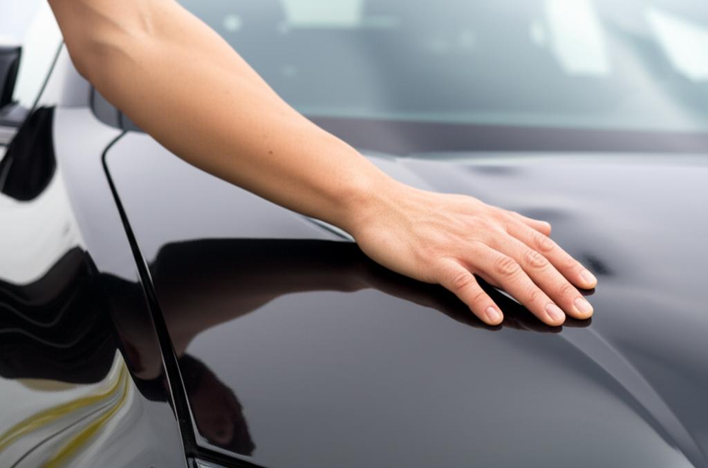 New car owner feeling proud and slightly worried about paint damage