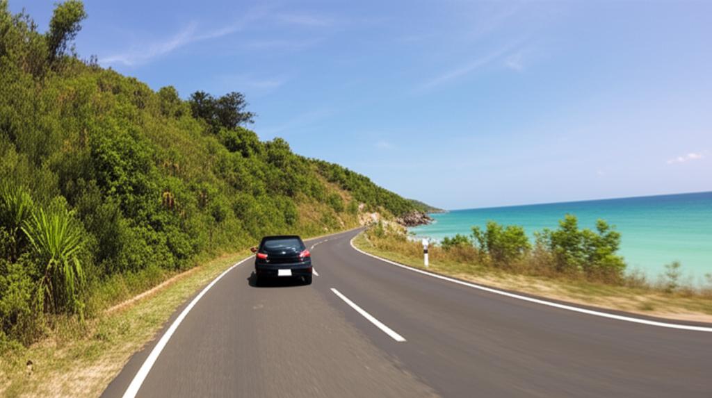 Car driving on a coastal road in Thailand