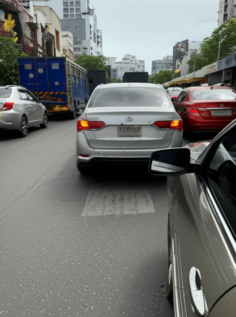 Car in busy Bangkok traffic with potential for scratches