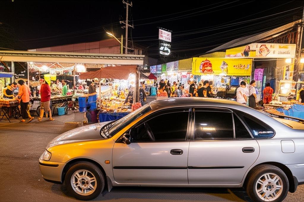 Car parked near a vibrant Thai night market