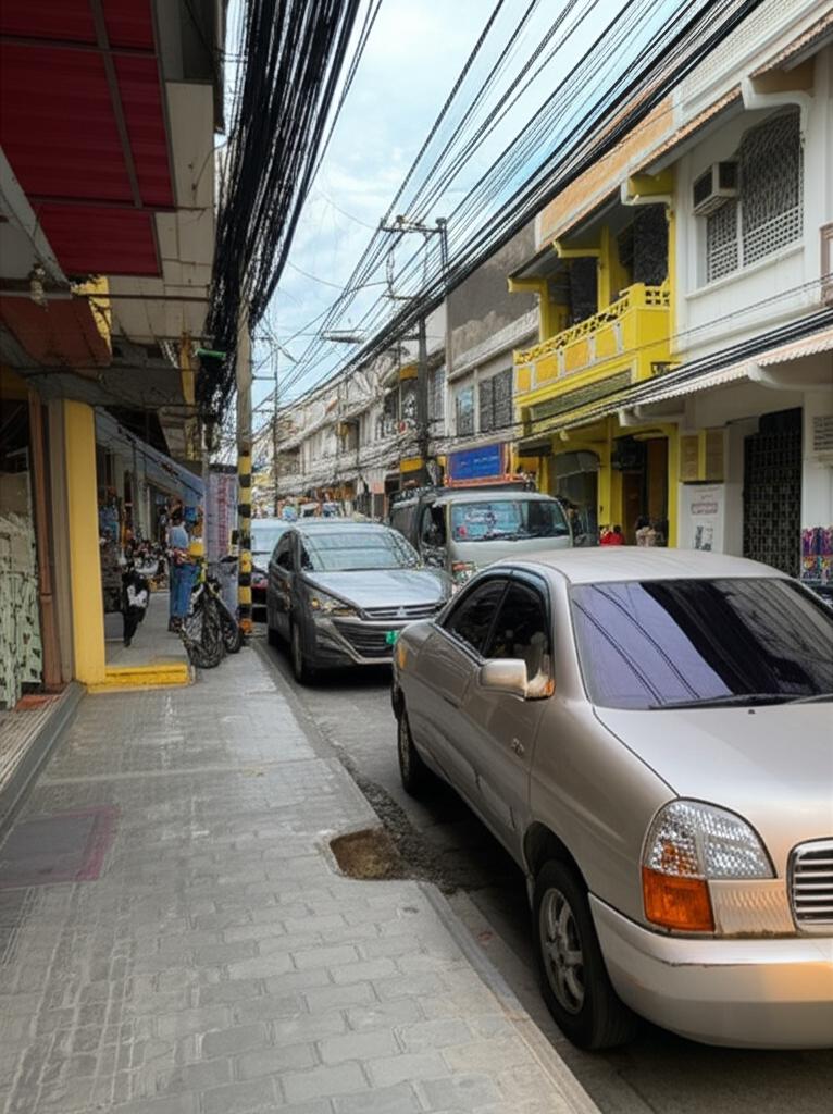 Car parked in a tight spot in a busy Thai city