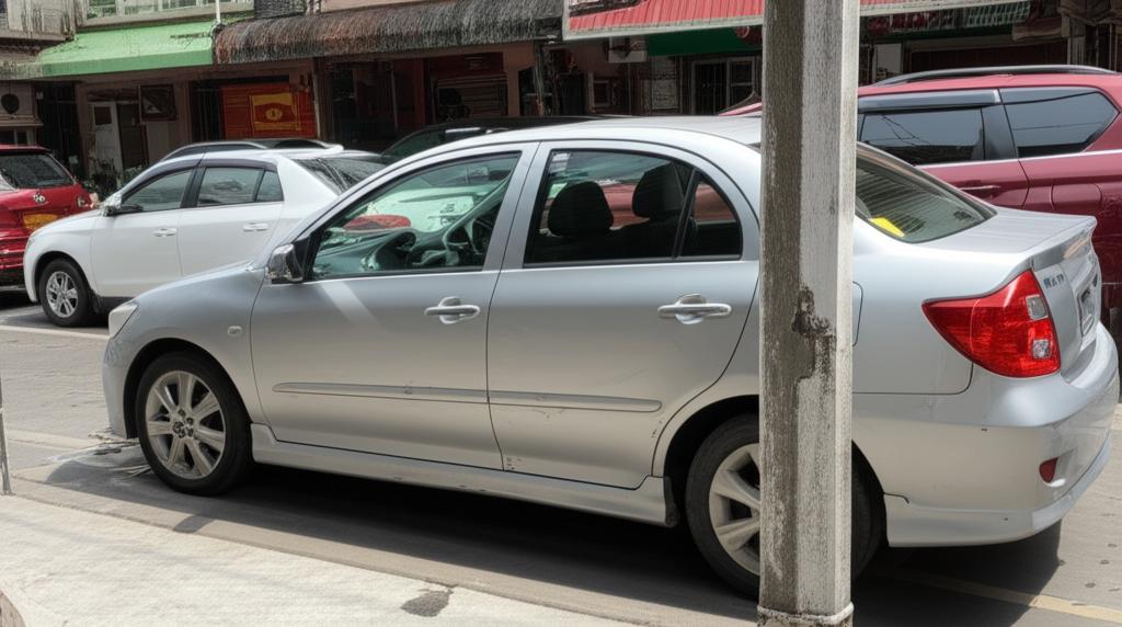 Taxi driving in heavy traffic under the sun in Thailand
