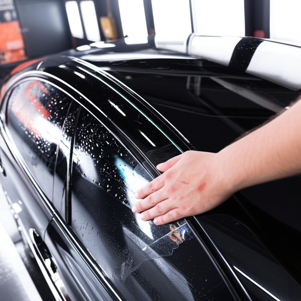 Car being wrapped with clear protective film