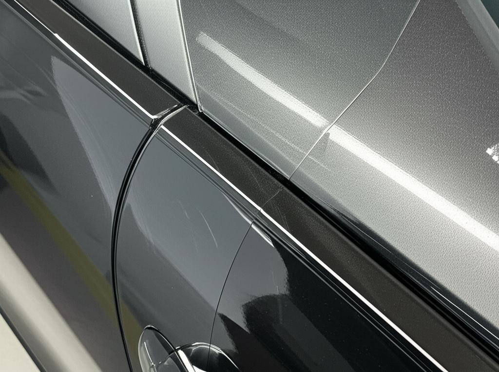 Close-up of car paint with and without TPU film