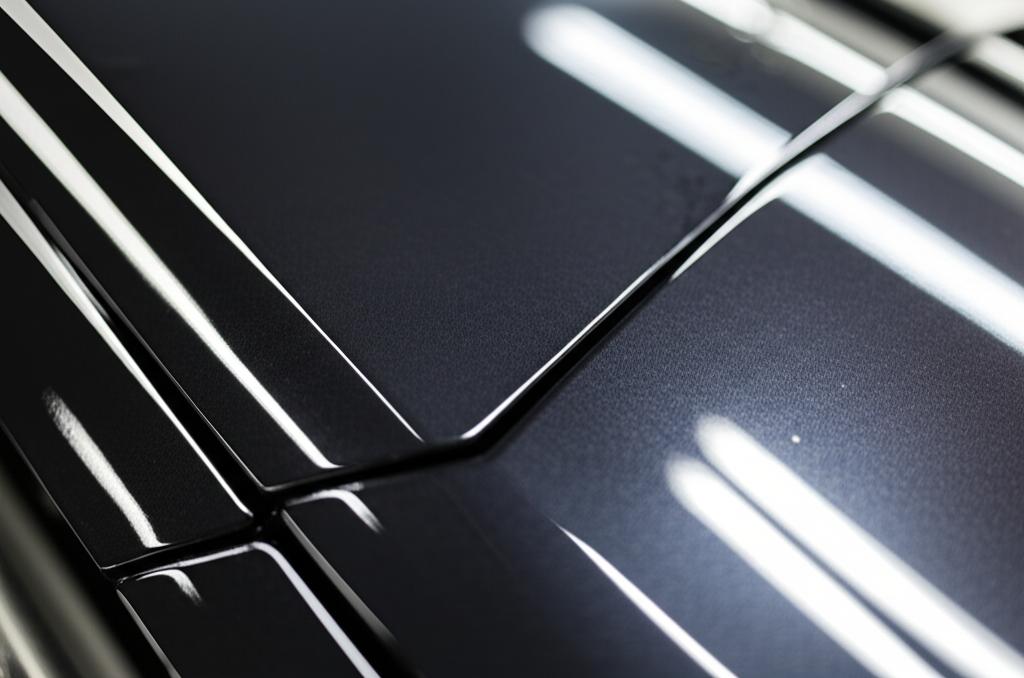 Close-up of car paint with TPU film showing gloss and protection