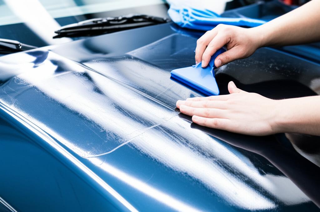 Professional applying clear film on a car hood