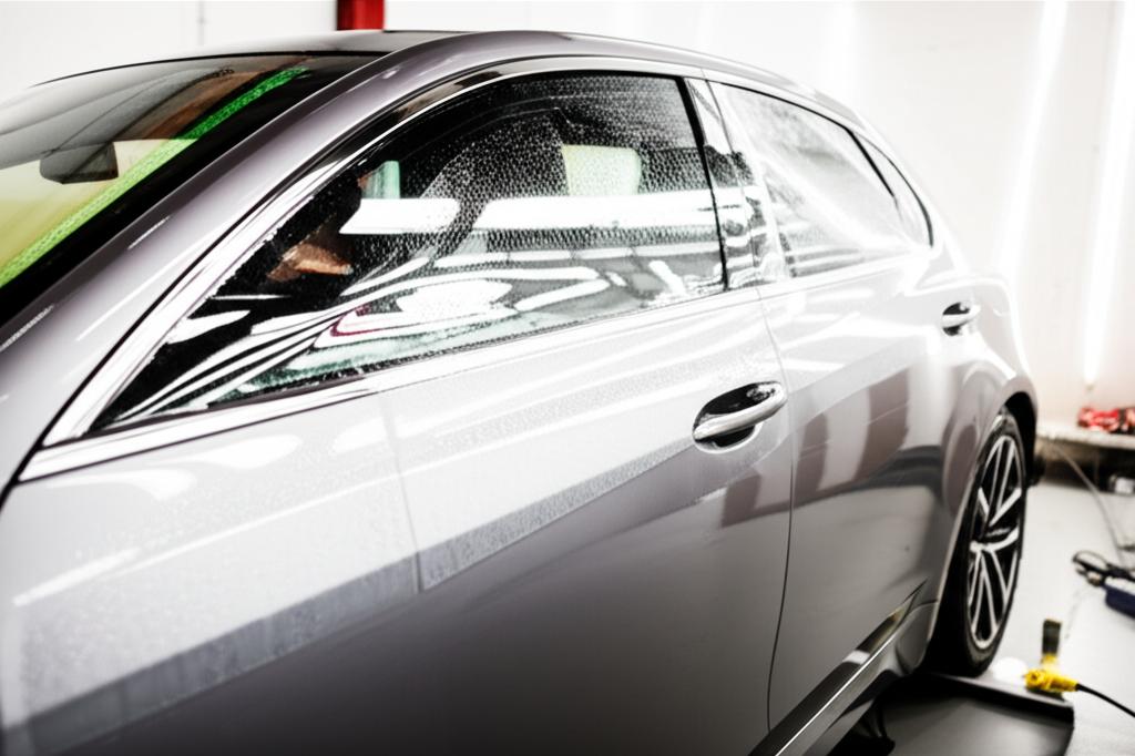 Car being wrapped with protective film