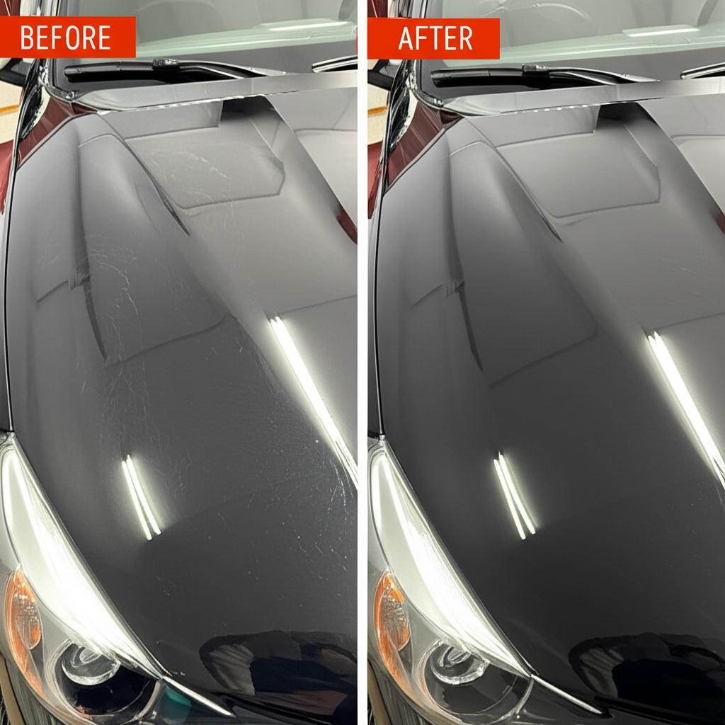 Before and after comparison of car paint protection film installation