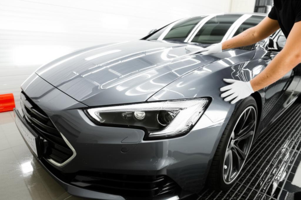 Luxury car being wrapped with protective film