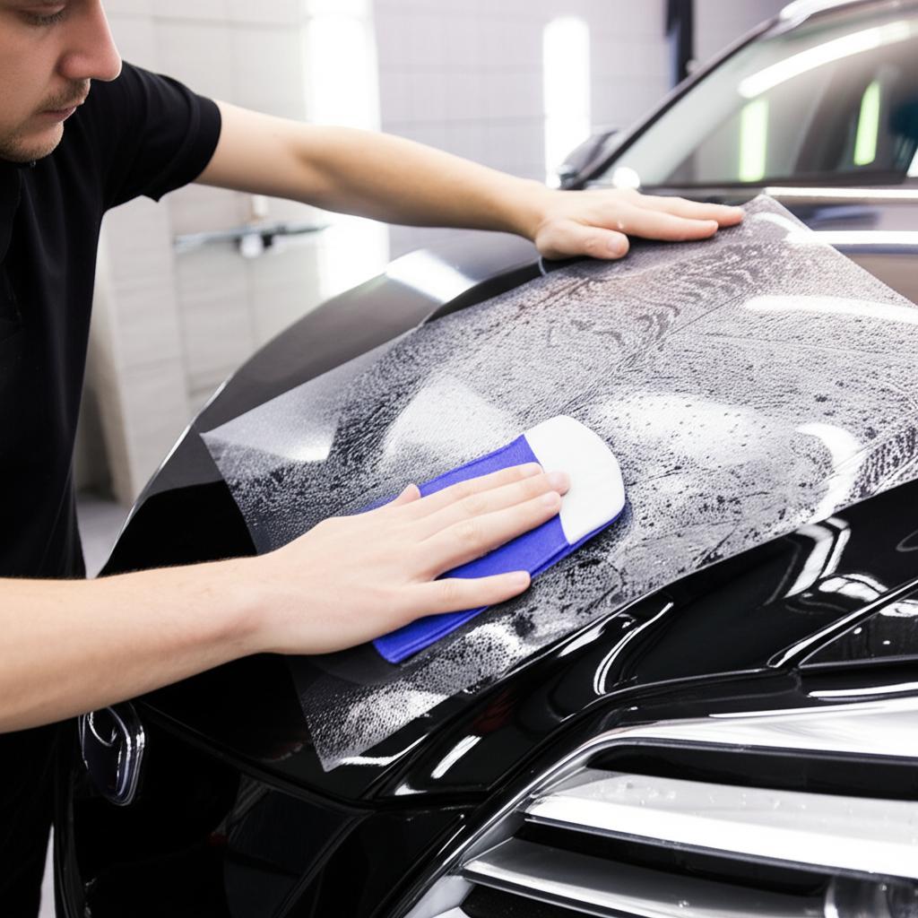 Technician applying TPU film on a car