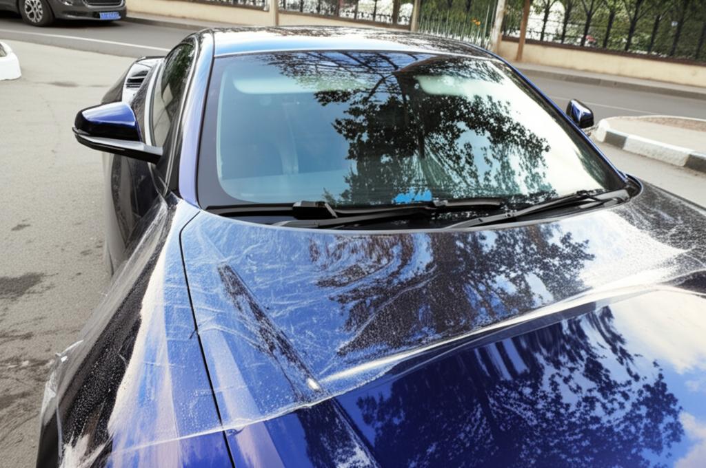 Close-up of a car panel after TPU film installation, looking shiny