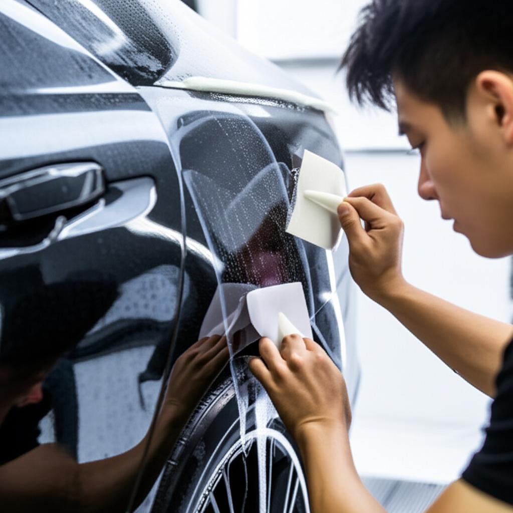 Expert applying TPU film on a car panel