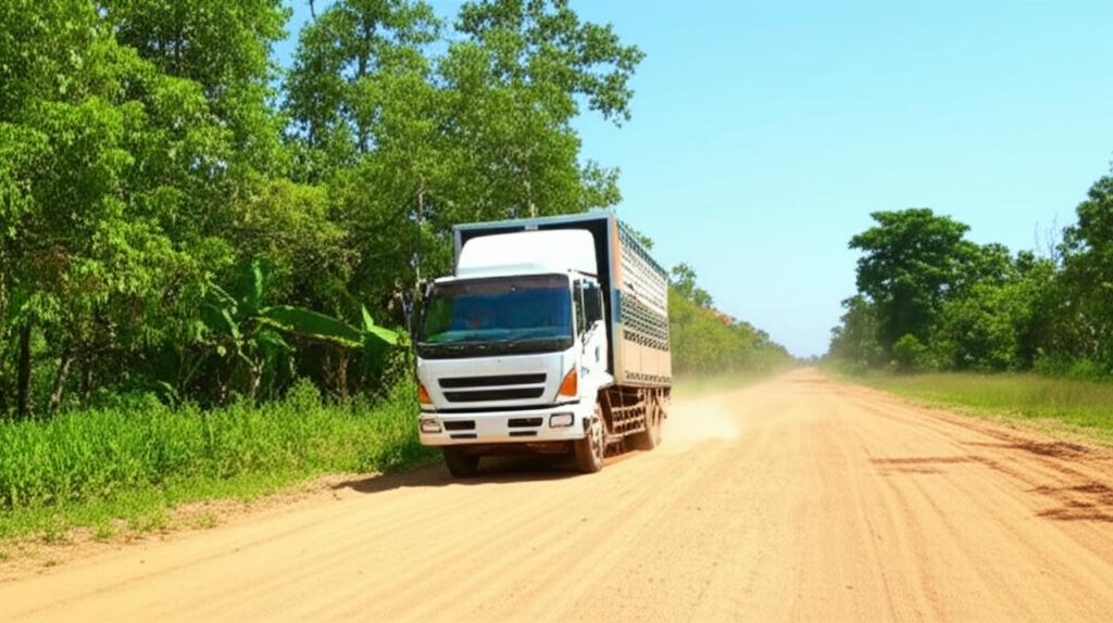 Logistics truck driving on a sunny and dusty road in Thailand