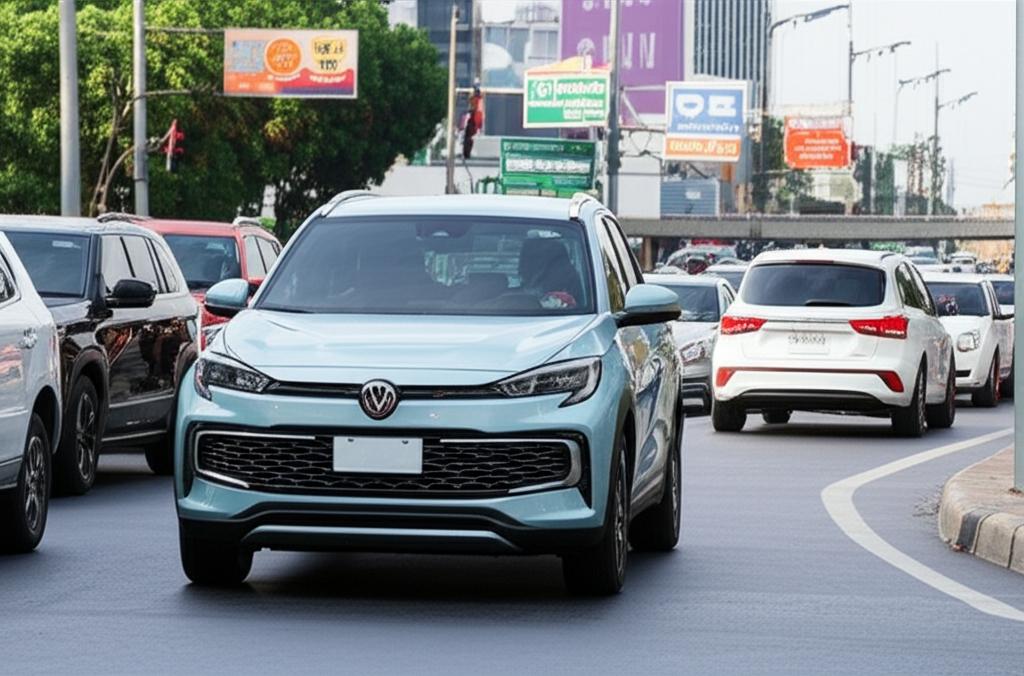 New EV car in Thailand city traffic