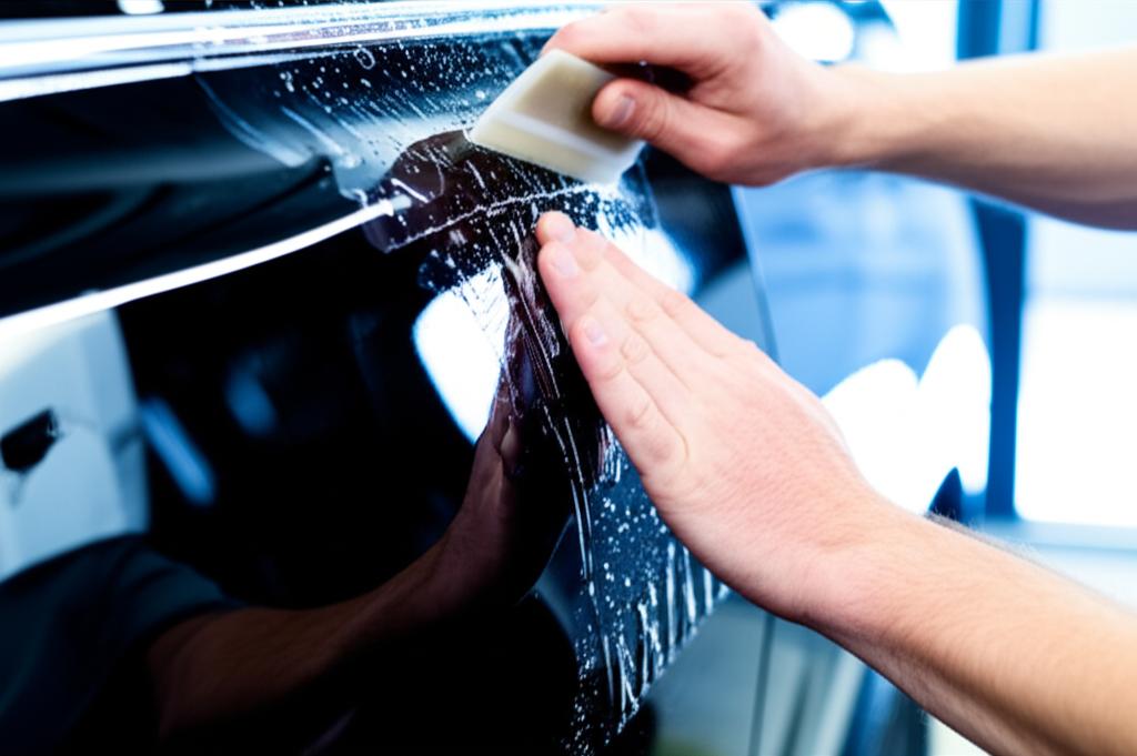 Technician applying TPU film on a car panel