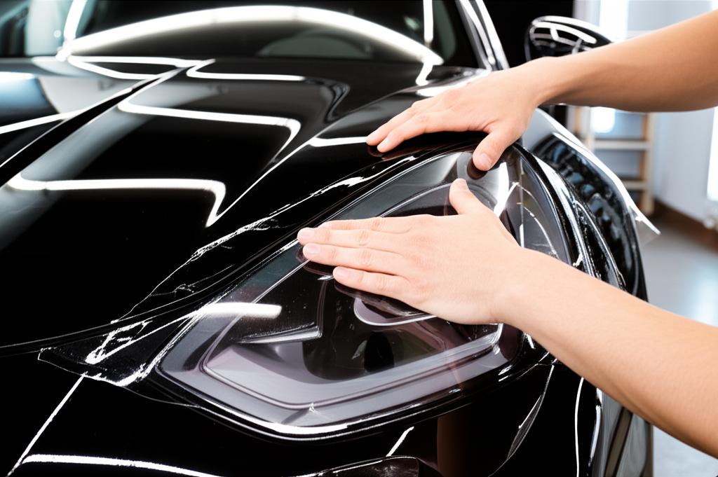 Professional TPU film installation on a car