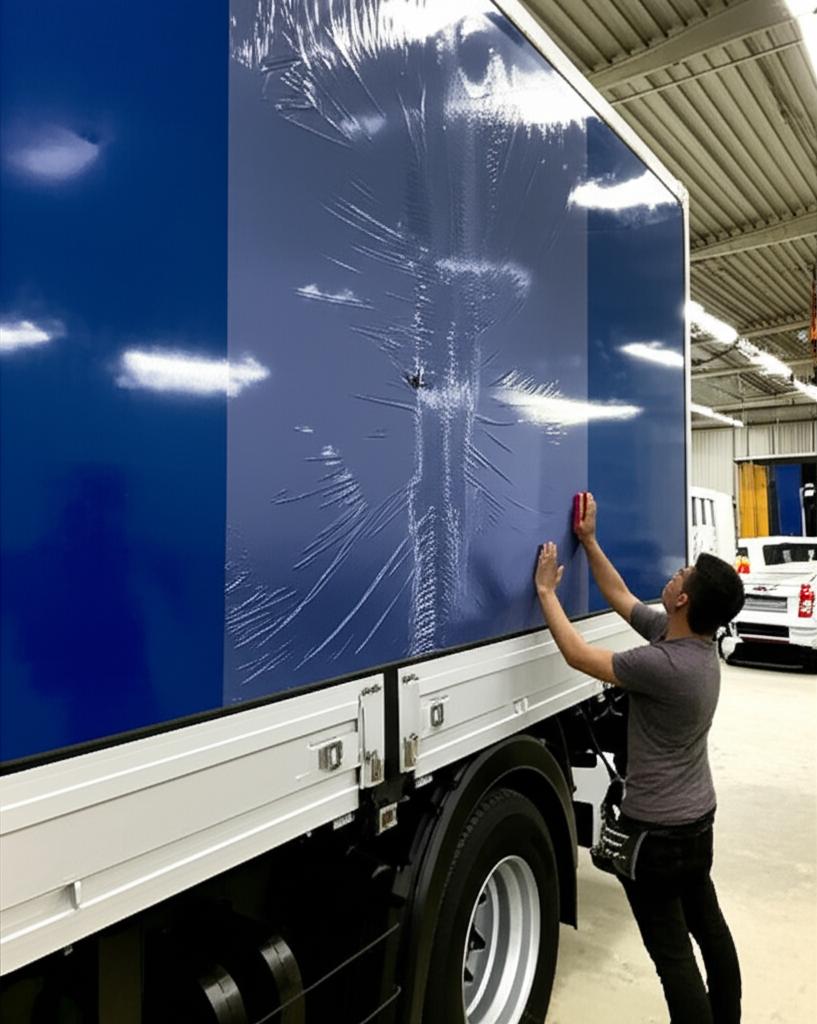Cargo truck being installed with TPU film