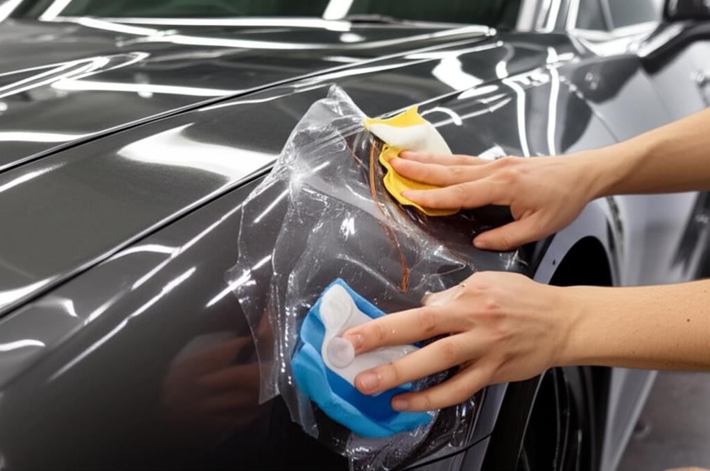 Car being covered with PPF film